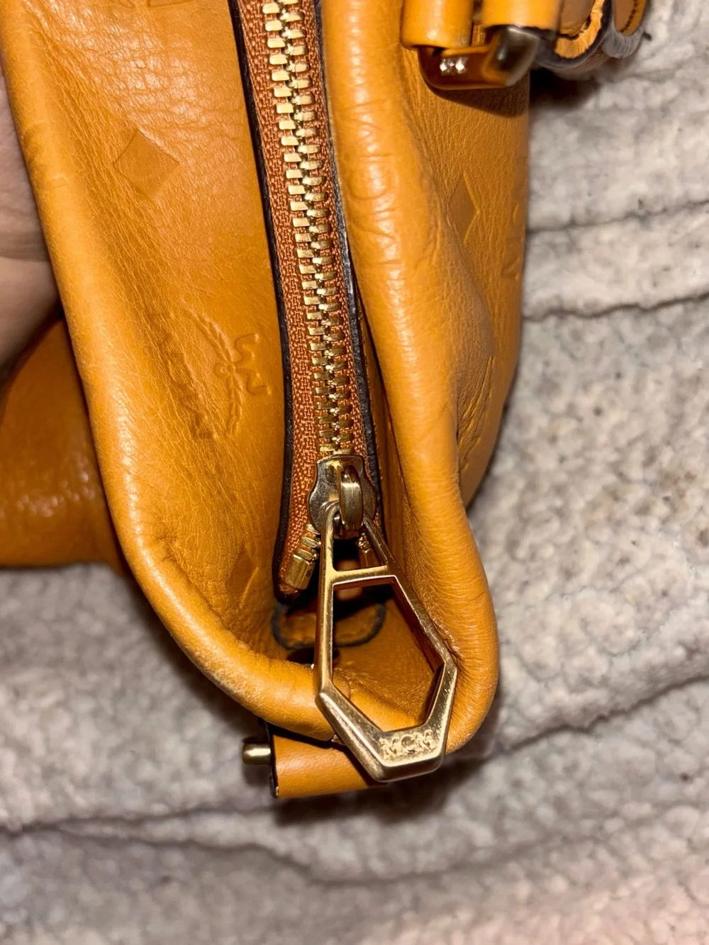 MCM Cognac Embossed Full Leather Tote with Top Handles & Long Strap - LIKE NEW